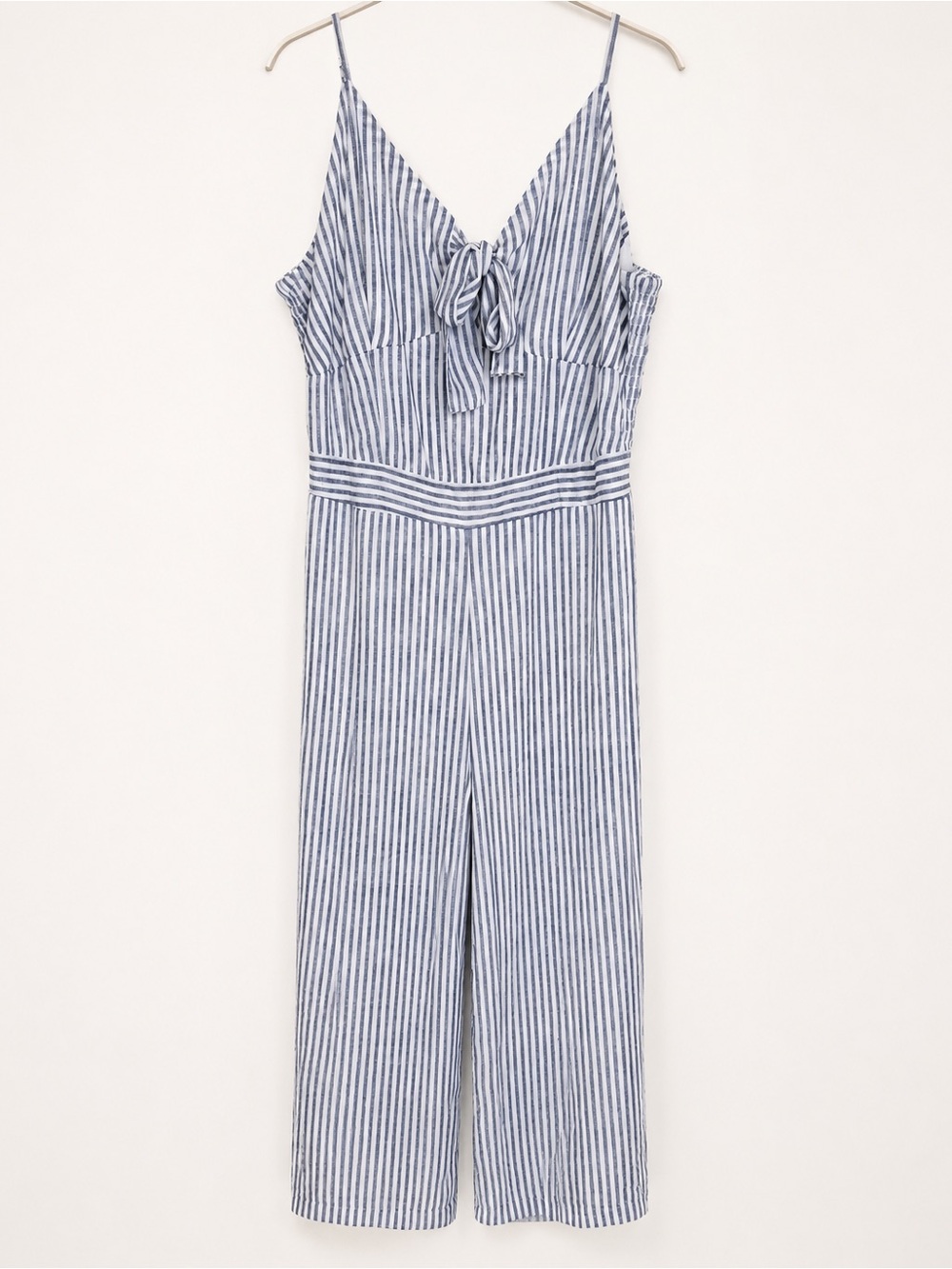 Francesca’s Striped Blue & White Wide-Leg cropped Jumpsuit with Tie Front